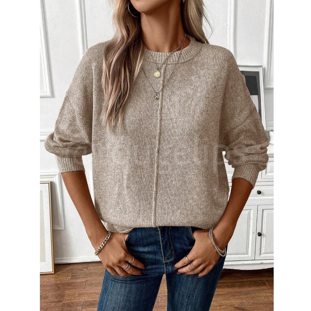 Beige Knit Pullover Loose Fit Sweater Long Sleeve Drop Shoulder - Picture 2 of 7